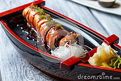 Sushi boat with a shrimp. Stock Photo