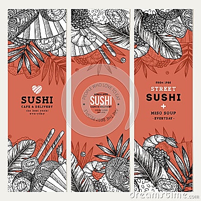 Sushi cafe and restaurant banner templates. Asian food background. Vector illustration Vector Illustration
