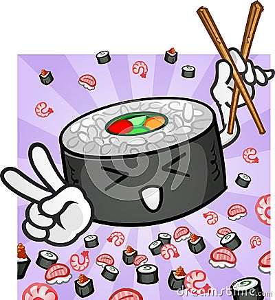 Sushi Character Holding Chopsticks Giving Peace Symbol Vector Illustration