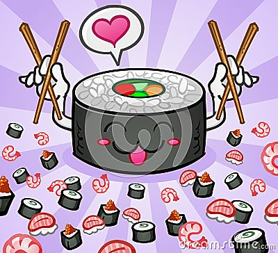 Sushi Character Love And Chopsticks Vector Illustration