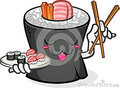 Sushi Character Serving a Platter with Chopsticks Vector Illustration