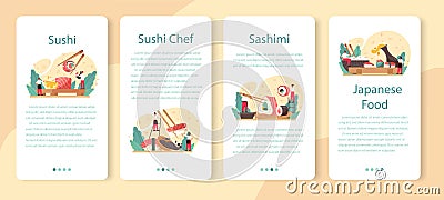 Sushi chef mobile application banner set. Restaurant chef cooking Vector Illustration