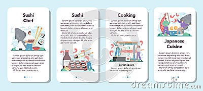 Sushi chef mobile application banner set. Restaurant chef cooking rolls Vector Illustration