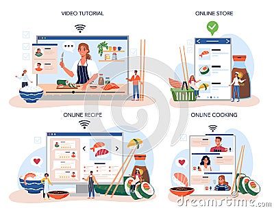 Sushi chef online service or platform set. Restaurant chef cooking rolls Vector Illustration