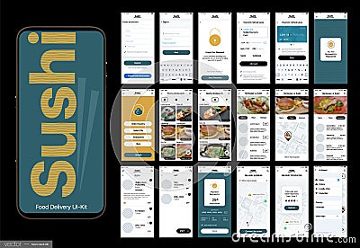 Sushi Delivery. Design of the Mobile Application, UI, UX. Vector Illustration