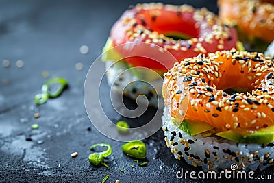 Sushi donuts on dark concrete table, japanese sushi made in shape of donuts, food mashup concept, copy space. Stock Photo