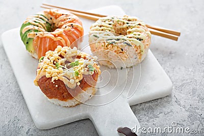 Sushi donuts with tuna and salmon Stock Photo