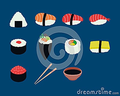 Sushi Elements Set. Japanese traditional food icon. Vector illustration Vector Illustration