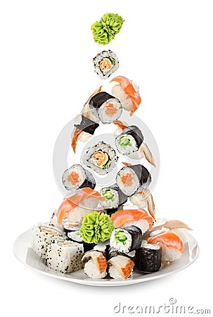 Sushi falling in the plate Stock Photo