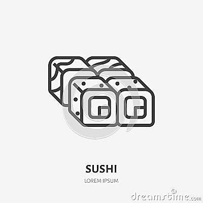 Sushi flat line icon. Vector thin sign of japanese fast food cafe logo. Rolls illustration Vector Illustration