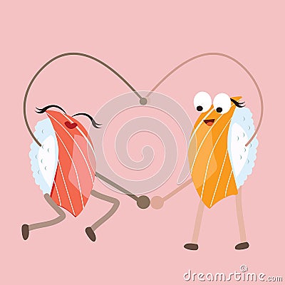 Sushi food character dancing forming heart shape Vector Illustration