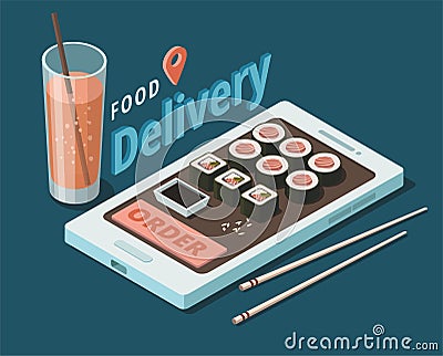 Sushi food delivery service template. Restaurant japanese menu. Isometric Vector Illustration