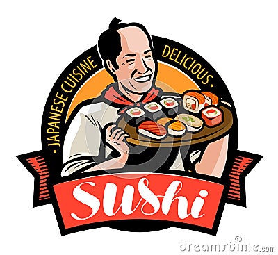 Sushi food logo or label. Japanese cuisine, restaurant emblem. Vector illustration Vector Illustration