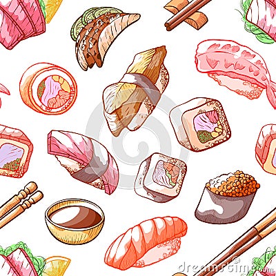 Sushi food seamless pattern on white background Vector Illustration