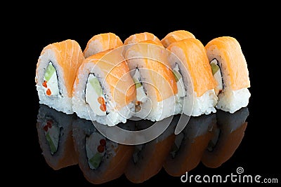 Japanese food. Sushi in the form of a pyramid. Salmon rolls. Stock Photo