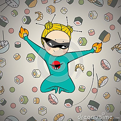 Sushi hero chef of japanese cuisine Vector Illustration