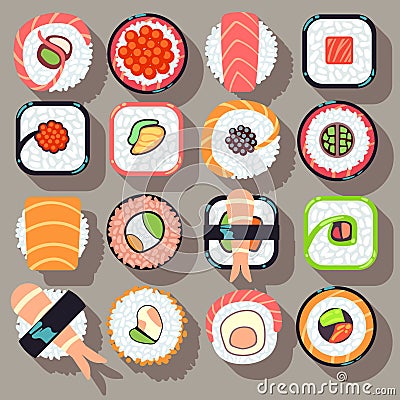 Sushi japanese cuisine food flat vector icons Vector Illustration