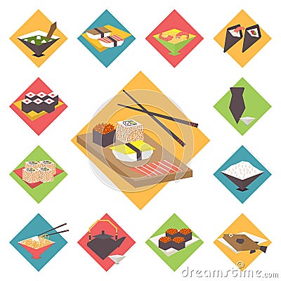 Sushi, Japanese cuisine, food icons set, flat Vector Illustration