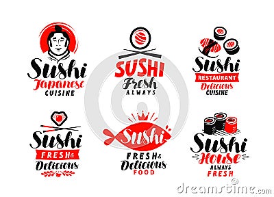 Sushi, Japanese cuisine logo or label. Set of elements for restaurant menu design. Vector illustration Vector Illustration