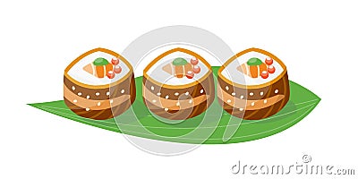 Sushi japanese cuisine traditional food flat healthy gourmet icon and oriental restaurant rice asia meal plate culture Vector Illustration