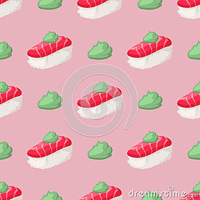 Sushi japanese cuisine traditional food flat healthy gourmet seamless pattern Vector Illustration