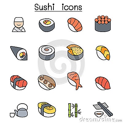 Sushi and Japanese food color line icon set Vector Illustration