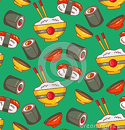 Sushi japanese food colorful seamless vector pattern Vector Illustration