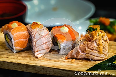 Sushi Japanese food on a wooden plate for health Stock Photo