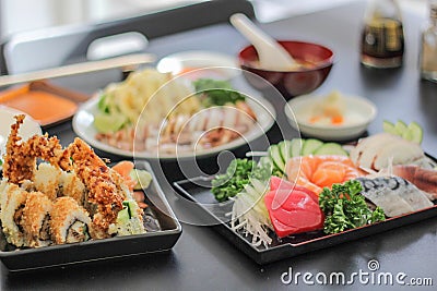 Sushi Japanese yummy dish meat fish Salmon delicious The fish filet Food Decoration Wasabi Saba rice soup salad Stock Photo