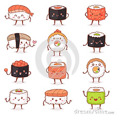 Sushi kawaiivector japanese food sashimi roll emoticon or nigiri emoji seafood with rice in Japan restaurant Vector Illustration