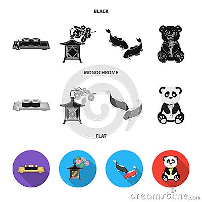 Sushi, koi fish, Japanese lantern, panda.Japan set collection icons in black, flat, monochrome style vector symbol stock Vector Illustration