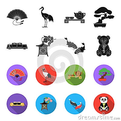 Sushi, koi fish, Japanese lantern, panda.Japan set collection icons in black,flet style vector symbol stock illustration Vector Illustration
