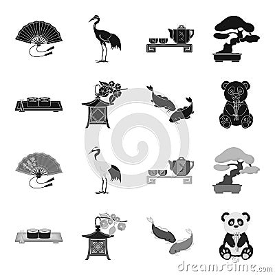 Sushi, koi fish, Japanese lantern, panda.Japan set collection icons in black,monochrome style vector symbol stock Vector Illustration