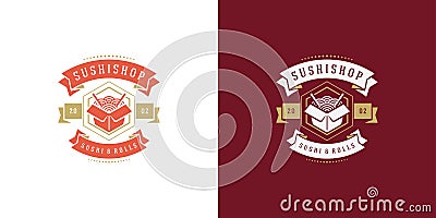 Sushi logo and badge japanese food restaurant with ramen noodle soup asian kitchen silhouette vector illustration Vector Illustration