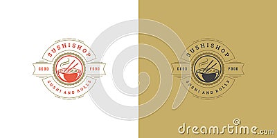 Sushi logo and badge japanese food restaurant with ramen noodle soup asian kitchen silhouette vector illustration Vector Illustration