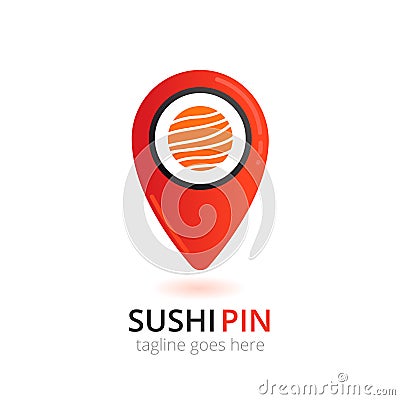 Sushi logo in japanese style. Roll with fish in local pin shape. Logotype vector concept. Vector Illustration