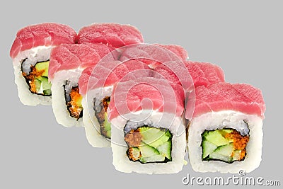 Sushi Maguro Roll with tuna and cucumber Avocado caviar Masago Stock Photo