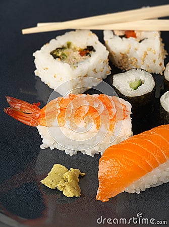 Sushi meal on a blue plate Stock Photo