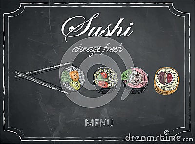 Sushi menu on chalkboard background, vector, illustration, freehand. Vector Illustration