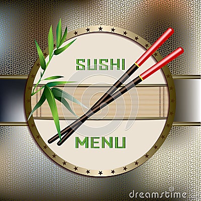 Sushi menu with green bamboo. Chopsticks brown and red Vector Illustration