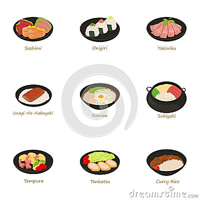 Sushi menu icons set, cartoon style Vector Illustration