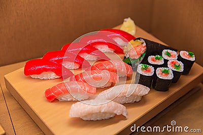 Sushi Mix Set fake of Japanese food on bamboo wood Stock Photo