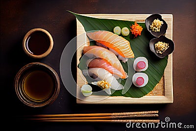 Sushi Nigiri on Dark Background, Japanese Seafood, Salmon Susi Abstract Generative AI Illustration Stock Photo
