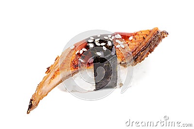 Sushi nigiri with fried eel on white background Stock Photo