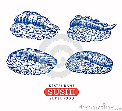 Sushi nigiri hand drawn vector illustrations. Japanese cuisine elements retro style. Asian food background Cartoon Illustration
