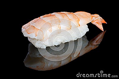 Sushi nigiri with shrimp on black background with reflection. Ja Stock Photo