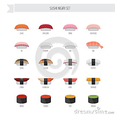 Sushi nigiri vector set. Flat style icon. Vector Illustration