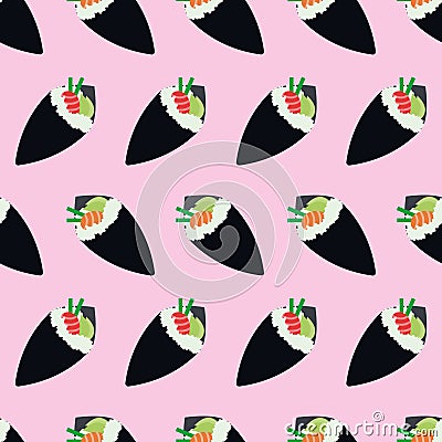 Temaki sushi seamless pattern. Design for Asian restaurant food delivery packages. Japanese traditional food. Vector Illustration