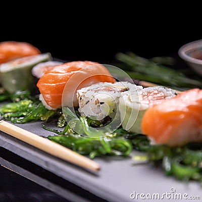 Sushi plate nigiri and uramaki Stock Photo