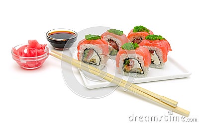 Sushi on a plate with salmon, soy sauce and pickled ginger on a Stock Photo